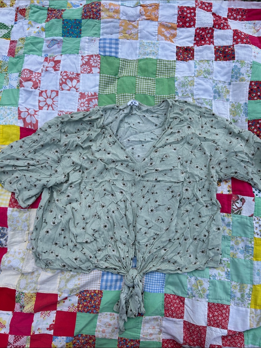 Eyeshadow Sage Green Floral Tie-Front Blouse